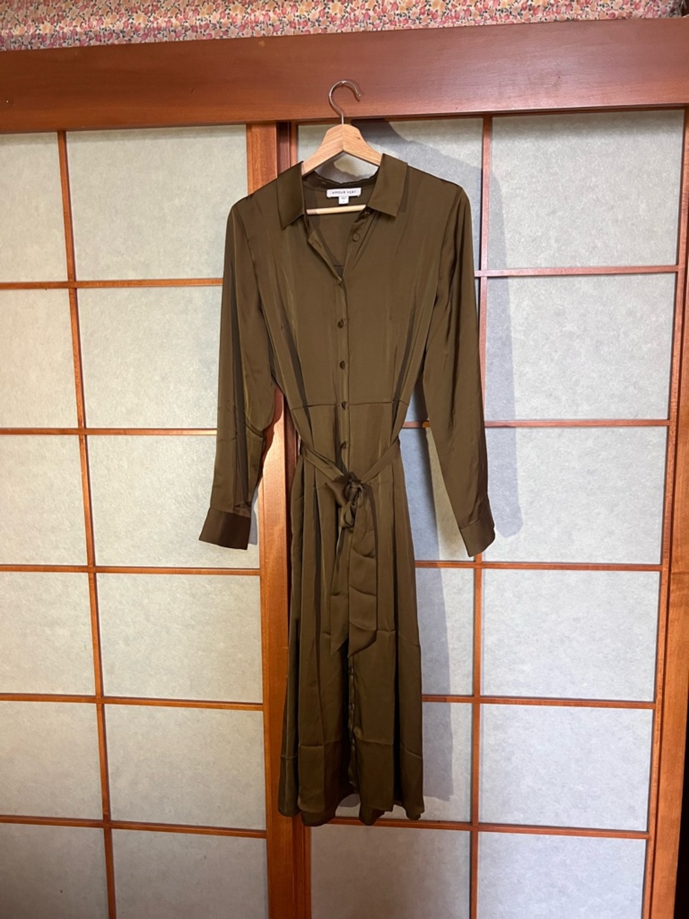NWOT Amour Vert Olive Satin Button Down Dress Large - Picture 2 of 7